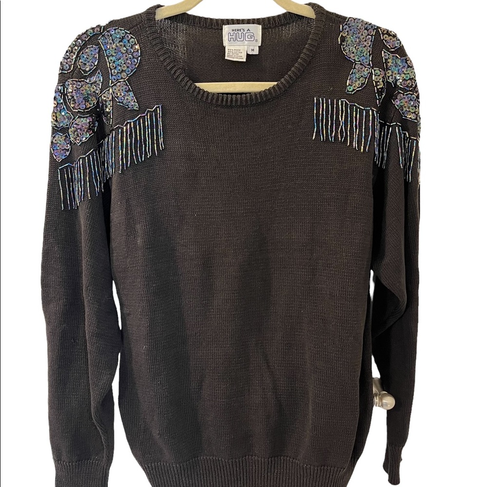 💥50% sale💥Vintage Here’s a Hug brown sweater with sequins size M. E#136